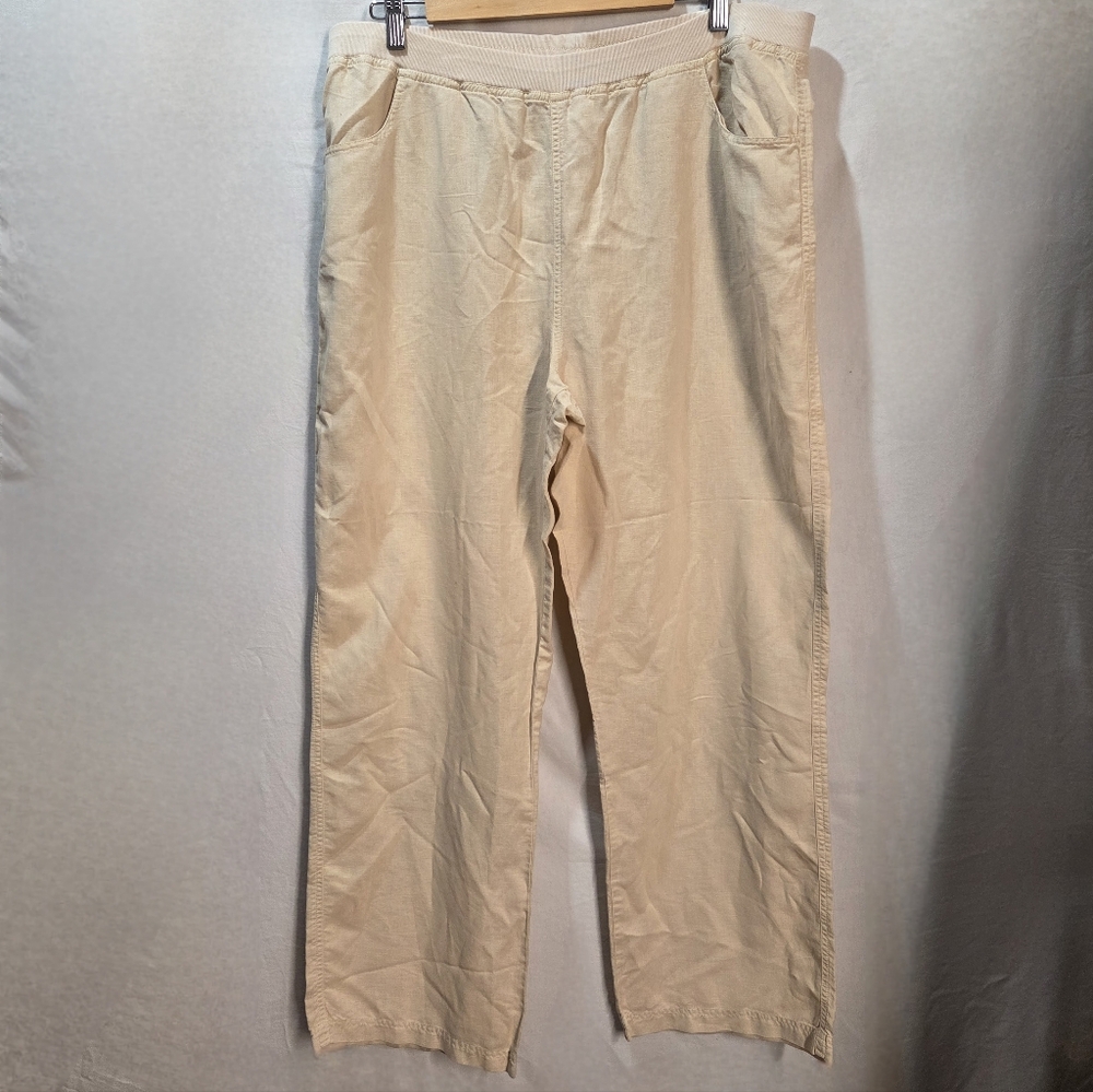 Linen Cotton Blend Wide Legged Pants Elastic Waist Size L Tan Cream